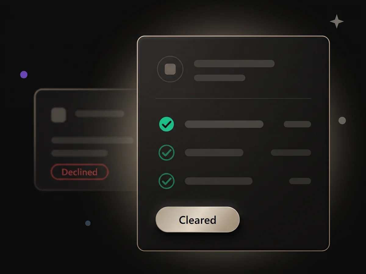 Brand screening card clearing three unnamed checks, with a declined brand behind it
